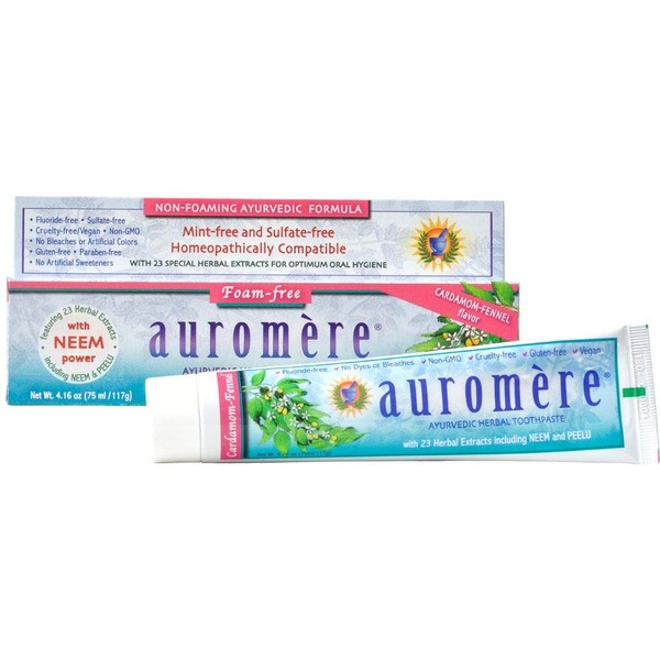 Auromere Ayurvedic Herbal Toothpaste, Cardamom Fennel, Foam Free - Vegan, Natural, Non GMO, SLS Free, Fluoride Free, Gluten Free, with Neem & Peelu (4.16 oz), 12 Pack