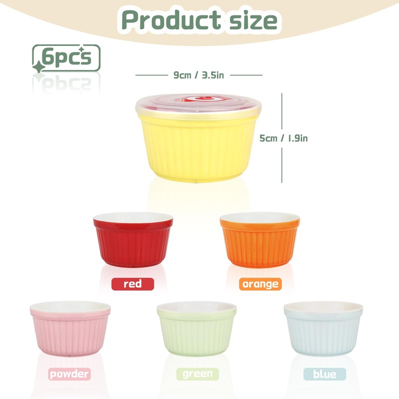 Ramekins with Lids 8 Oz - Set of 6, Ceramic
