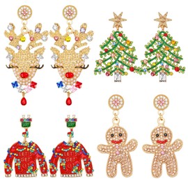 DTOFOOT 4 Pairs Christmas Enamel Earrings for Women Christmas Sparkly Crystal Stud Earrings Beaded Xmas Gingerbread Man Christmas Tree Reindeer Sweater Drop Dangle Earrings Set for Party Earrings