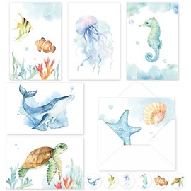 Whaline Paquete de 30 tarjetas de felicitación de acuarela del océano, tarjeta de papelería de medusa de tortuga, ballena, con sobres, calcomanías de 