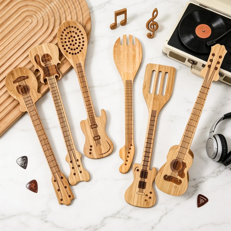 Wiooffen 6 Pcs Guitar Shaped Cooking Utensils Set Guitar Bamboo