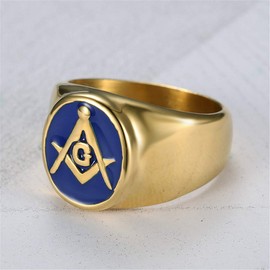 IFUAQZ Men's Stainless Steel Gold Plated Freemason Masonic Rings Blue G Lodge Master Mason Signet Biker Band Size 11