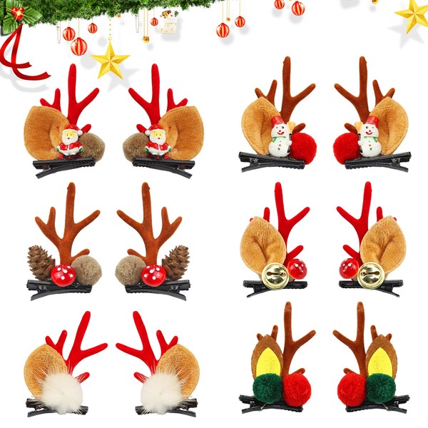 JINXIAN 6 paia di fermagli per capelli natalizi a forma di renna, accessori per capelli con corna di renna, accessori per capelli decorativi per donne e ragazze, per feste di Natale