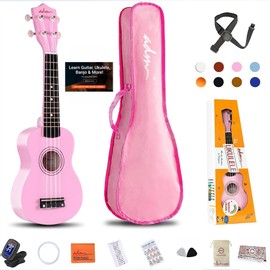 ADM Soprano Ukulele for Beginners 21 Inch Hawaiian Wood Ukelele Kit for Kids Adult Student Starter Professional Ukalelee Pack Bundle with Free Lessons Gig Bag Strap Nylon String Tuner Pick, Pink