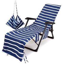 Morbuy Beach Chair Cover Towel, Solid color Striped Beach Towel Lounger Bags with Pockets Sunbed Towels Fitted Microfiber Sun Lounger Towels for Summer Outdoor Pool Vacation Travel (dark blue)