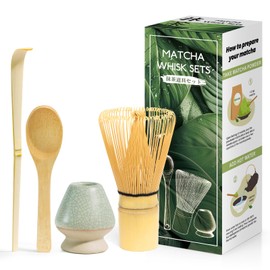 4 Pieces Japanese Matcha Ceremony Kit, Natural Matcha Whisk, Bamboo Spoon, Bamboo Scoop, Whisk Holder, Tea Ceremony Gift Set - Greyish Green
