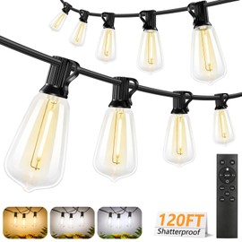 Brightever 3 Color in 1 LED Outdoor String Lights with Remote, 120FT Patio Lights Outdoor Waterproof with 38 Vintage Edison Bulbs, 3 Modes 2 Timer Dimmable String Light for Outside, 2700K/4000K/5000K