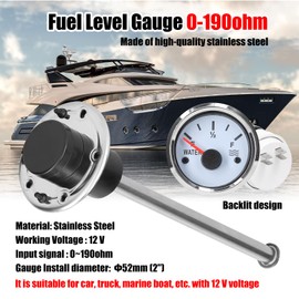 Tignapoo 52mm Fuel Level Gauge 215mm Stainless Steel Fuel Level Sensor Water Level Gauge Meter 0-190ohm with Backlight for Car Truck Marine Boat 12 V
