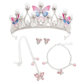 Zliger Crown Butterfly Girls' Headpiece Silver, Princess Butterfly Crown Bridal Headpiece with Necklace Bracelet and Earrings for Cosplay Birthday Party Holiday Party Gift, Non-Precious Metal,