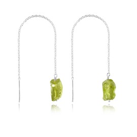 YANARA Peridot Earrings For Women Natural Raw Dainty Threader Pair, Gemstone August Birthstone Crystal, Valentines Day Gifts For Her, Chakra Energy Healing Crystals Jewelry in Silver Plated
