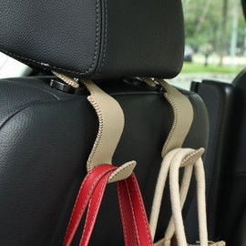 Amooca Car Seat Headrest Hook Universal Vehicle Storage Hanger Leather with Metal Car Seat Back Organizer for Handbag Purse Coat Beige 2 Pack