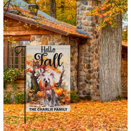 Chinese Crested Autumn Garden Flag Dog Fall Welcome Flags For Thanksgiving Outdoor Farmhouse Decoration Custom Name Mable Leaves Pumpkins Season Burlap 12.5x18 Inch Vertical Double Sided