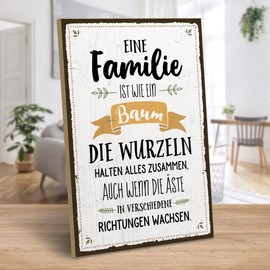 ARTFAVES® Wooden Sign with Saying "Ein Familie ist wie ein Baum [German Language] Shabby Chic Vintage Sign Decorative Gift for Family, Siblings | Size: 19 x 28 cm