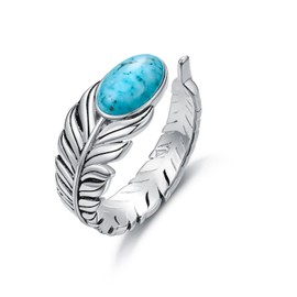 Reaii Natural Turquoise Feather Open Ring for Women 925 Sterling Silver Genuine Turquoise Jewelry Gifts