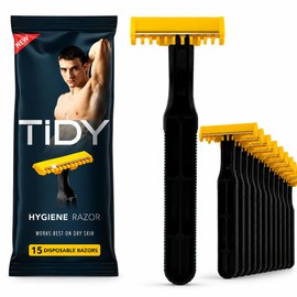 TIDY Hygiene Razor for Men – Pubic Hair & Body Grooming, Single-Blade Disposable Razor for Light Maintenance – Pack of 15 (Works Best on Dry Skin)