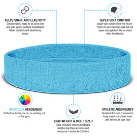 Suddora Workout Headband for Men and Women, Moisture-Wicking Athletic Sweatband, Lightweight Cotton Terry Cloth Bands for Basketball, Tennis, Football, Gym, Running, Cosplay & Costumes (Neon Blue)
