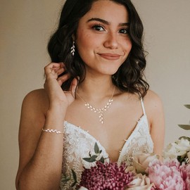 Crysdue Bridal Jewelry Set for Wedding, Marquise Cubic Zirconia Necklace Dangle Drop Earrings Link Bracelet for Women 14K Gold