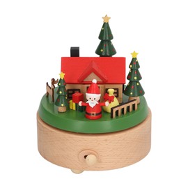 Wooden Rotating Music Box Round Bottom Santa House Christmas Music Box for Decoration Wooden Round Bottom Santa House