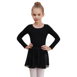WEGETIT Long Sleeve Girls Leotard Gymnastics Leotards for Girls Ballet Dance Dresses with Skirt (Black,8-10Years)