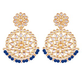 I Jewels 18K Gold Plated Indian Wedding Bollywood Beads With Faux Kundan Chandbali Earrings (E2462-1) () Blue