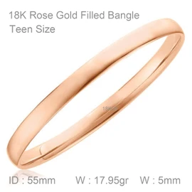 Bangle Real 18k Rose Gold Filled Solid Flat 5mm Cuff Teen Size 55mm Bracelets