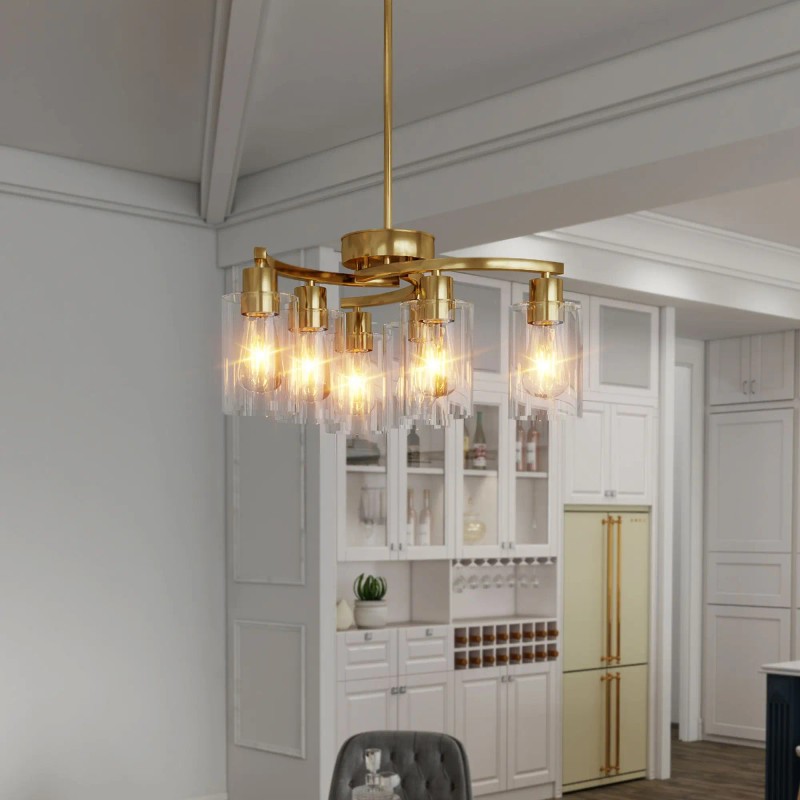 Modern Gold Iron Pendant Light 6-Light Clear Glass Shade Round