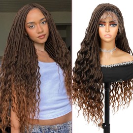 Lady Hanne Knotless Goddess Curly Wigs for Black Women Double Full Lace Dreadlock Curly Wig with Baby Hair Ombre Brown Square Lace Synthetic Faux Locs Curly Hair 30 Inch