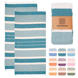 MOMOMUS Pack of 2 Fouta XL or Beach Towel Cotton 100% - Absorbent, Ultra Soft, Compact - Beach Towel Fringe and Hammam Towel Thin Sauna, Spa and Pool - Green, 90 x 180 cm