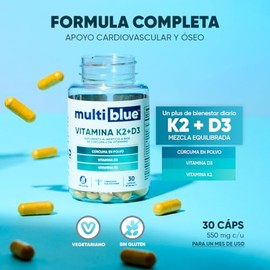 Vitamina D3 K2 30 Cápsulas de 550mg | Combinación Óptima de Vitaminas con Cúrcuma | 100% Natural, Sin Gluten, Keto Friendly, Vegano | Multivitaminico 