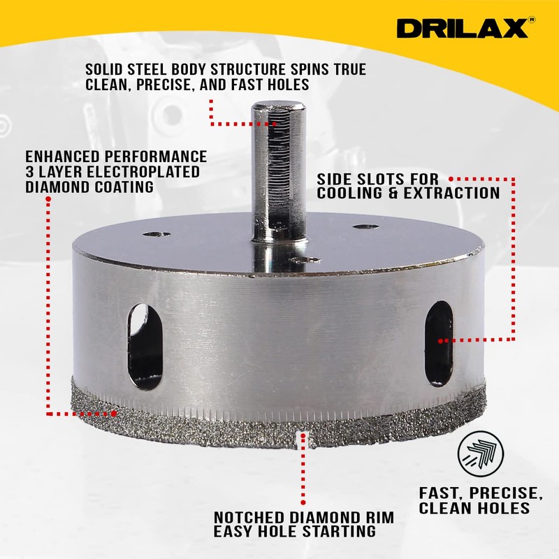 Drilax 2-7/8 inch Diamond Hole Saw Drill Bit Ceramic, Porcelain