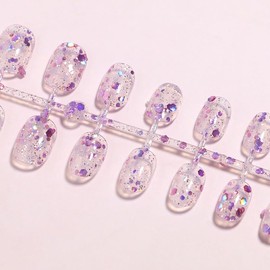 24PCS Press on Nails Short Squar Purple Handmade Glitter Dazzling Light Gel Glue on Nails, Glossy Fake Nails Reusable Acrylic False Nails Manicure Kits for Women