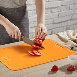 Flexible Chopping Board with Juice Grooves, Scratch-Resistant Flexible TPU Chopping Boards, Kitchen Board, Antibacterial Cutting Board, BPA-Free, Dishwasher Safe, Non-Slip (Orange)