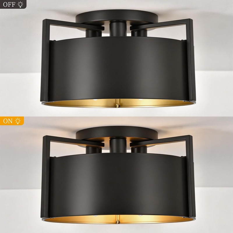 Black Semi Flush Mount Ceiling Light, 15'' Modern Farmhouse Hallway