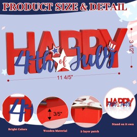 COCHIE Wooden Happy 4th of July Sign, Fourth of July Decorations for Home, Office, Shelf, Mantel, Indoor, Wood Patriotic Decor, Red Blue and White Table Top Centerpiece Party Decoration (Patriotic)