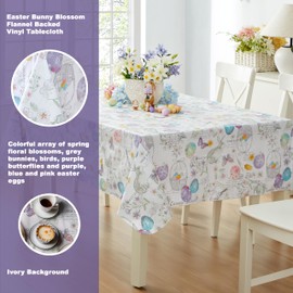 Newbridge Vinyl Rectangle Tablecloth, 60 x 84 Inch, Easter Bunny Blossom Flannel Backed Table Cloth, Easter Egg Basket Floral