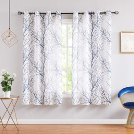 FMFUNCTEX Blue White Curtains 50" X 45" for Kitchen Living Room Tree Branch Print Wrinkle- Free Small Linen Texture Semi Sheer Window Panels for Bedroom 2 Panels, Grommet Top