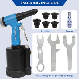 FICHFOYE Heavy Duty Pneumatic Rivet Gun, 3916lbs Rivet Gun Set- 3/32", 1/8", 5/32", 3/16", 1/4" Air Riveter with NPT 1/4 inch for Automotive, Construction, Manufacturing Industries