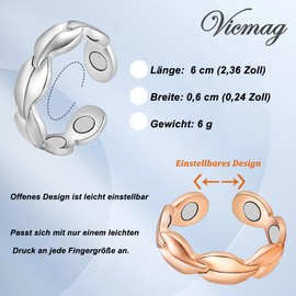 Vicmag Copper Magnetic Rings for Women Men Ultra Strength Magnetic 99.99% Solid Pure Copper Adjustable Size with Gift Box (Silver & Rose Gold Leaf Shape)