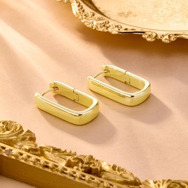 14K Gold Plated Sterling Silver Earrings Small Hoop Earrings for Women Rectangle U Shape Hypoallergenic Earrings Small Gold Hoop Earrings