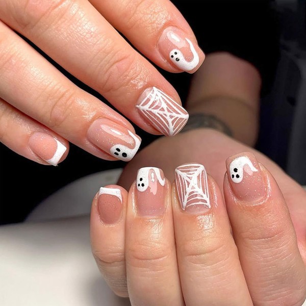 Cute White Ghost Press on Nails Short Square Halloween False