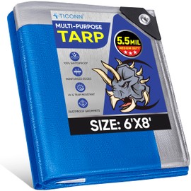 TICONN Heavy Duty Tarp Cover, Extra Thick Tarps Waterproof Tear and Rip Proof UV Resistant Tarpaulin with Reinforced Grommets and Edges (5.5 Mil, 6'x8') | TICONN
