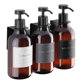 Shampoo & Conditioner Dispenser - Shower Soap Dispenser Wall Mounted - Set of 3 16.9 Oz Plastic Bottles with Pump & Holder - Shampoo Dispenser - Shower Dispenser Chamber No Drill (3 X Amber/Black)