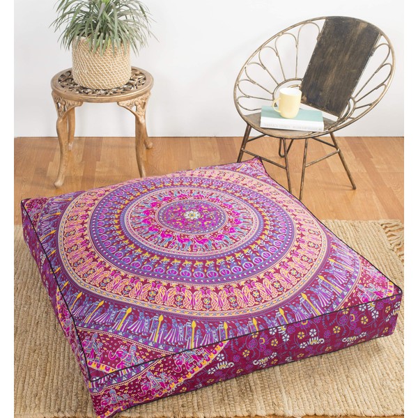 Popular Handicrafts Floor Pillow Cushion Cover - Hippie Mandala Square Ottoman Indian Elephant Camel Daybed Oversized Cotton Cushion Cover with Heavy Duty Zipper - Dog-Pets Bed, 35" Maroon Pink