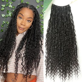 Crochet Boho Faux Locs with Human Hair Curls Pre-looped Goddess Crochet Locs Curly Ends Human Hair Soft Dreadlocks Braiding Hair for Black Women Natural Color 18Inch 24Locs