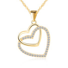 MICGIGI Damen 925 Sterling Silber Halskette Doppel Herz Form Cubic Zirkonia Anhänger Halskette,Gold