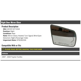 Right Passenger Side Door Mirror Glass - Heated, Turn Signal, Blind Spot Detection - Compatible with 2007-2020 Toyota Tundra