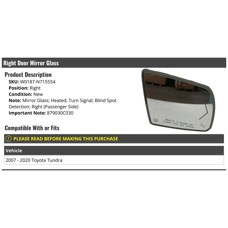 Right Passenger Side Door Mirror Glass - Heated, Turn Signal,