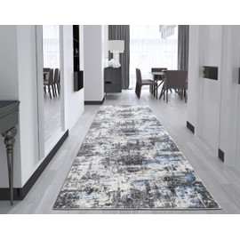 Machine Washable, Non Skid PVC Backing, Abstract Pattern, Blue&Grey Carpet Runner Rug Mat for Entry Hallway Kitchen Laundry, 26 INCH X 7 FEET