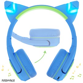 Riwbox Kids Bluetooth Headphones, CF9 Cat Ear Headphones with LED Light, Boom Mic&Built-in Mic for Calls, 85dB Volume Limited Kids Headphones Wireless&Wired for School Tablet PC Phones (blue&green)