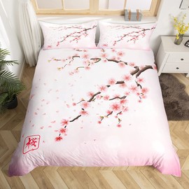Cherry Blossoms Bedding Set Japanese Style Romantic Theme Pink Comforter Cover Set Botanical Floral Printed Duvet Cover with Zipper Ties Women Girls boys Couple Teen Soft Bedspread, Single Size